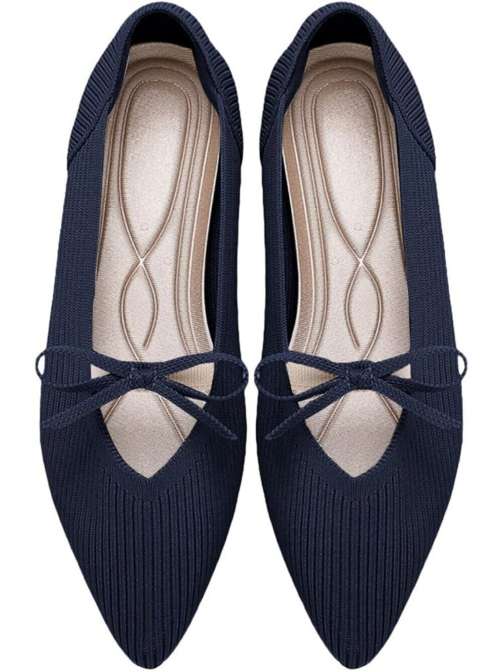 Women's Navy Pointed Toe Knit Ballet Flats Comfortable Pull On Casual Shoes